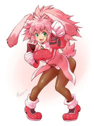 Rule 34 | 1girl, :d, animal ears, bodysuit, brown bodysuit, clenched hand, covered navel, dated, elbow gloves, fang, full body, gloves, green eyes, long hair, looking at viewer, open mouth, panties, pantyhose, pink footwear, pink hair, rabbit ears, rabbit tail, saichi (artist), seraphita (xenogears), shoes, signature, simple background, smile, solo, tail, underwear, white background, white gloves, white panties, xenogears