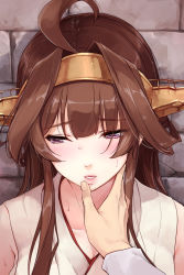 Rule 34 | 10s, 1girl, ahoge, bare shoulders, blush, breasts, brick wall, brown hair, cleavage, detached sleeves, double bun, finger to mouth, from above, hair between eyes, hair bun, hairband, headgear, highres, japanese clothes, kantai collection, kongou (kancolle), lips, long hair, looking to the side, nontraditional miko, out of frame, parted lips, portrait, pov, pov hands, purple eyes, revision, sleeveless, solo focus, umakuchi shouyu (into-rain)
