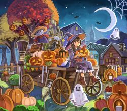 Rule 34 | 1girl, autumn leaves, black hat, braid, brown hair, crescent moon, ghost, halloween, hat, highres, jack-o&#039;-lantern, long hair, mituhati, moon, night, original, outdoors, red eyes, scarecrow, silk, sitting, solo, spider web, tree, twin braids, witch hat