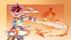 Rule 34 | 1boy, artist name, bandana, bandana around neck, blue eyes, blue tunic, chrono trigger, crono (chrono trigger), green shirt, highres, holding, holding sword, holding weapon, looking at viewer, red hair, scabbard, sheath, shirt, short sleeves, solo, spiked hair, sword, upper body, vyh, weapon, yellow bandana