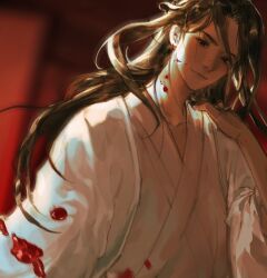 Rule 34 | 1boy, blood, blood on clothes, blood on face, blurry, blurry background, brown eyes, brown hair, chinese clothes, chinese commentary, hand on own shoulder, hanfu, highres, huixian97, long hair, long sleeves, looking at viewer, male focus, qiang jin jiu, shen lanzhou, smile, solo, white hanfu, wide sleeves