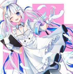 Rule 34 | 1girl, ;d, absurdres, amane kanata, amane kanata (nurse), angel wings, apron, blue eyes, blue hair, blue wings, blunt bangs, blush, breasts, colored inner hair, detached collar, dress, feathered wings, flat chest, gloves, gradient wings, grey dress, grey hair, hair ornament, hairclip, hat, highres, hiyashinssu, hololive, id card, looking at viewer, mini wings, multicolored hair, multicolored wings, nurse, nurse cap, official alternate costume, official alternate hair length, official alternate hairstyle, one eye closed, open mouth, pantyhose, pink hair, puffy short sleeves, puffy sleeves, short sleeves, sidelocks, single hair intake, smile, solo, streaked hair, twintails, underboob, virtual youtuber, waist apron, white apron, white gloves, white pantyhose, white wings, wing collar, wings