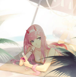Rule 34 | 10s, 1girl, ass, beach, bikini, bikini bottom only, bracelet, breasts, collarbone, cup, darling in the franxx, day, drinking glass, glass, green eyes, hairband, head rest, highres, horns, innertube, jewelry, legs up, long hair, lying, ocean, on stomach, outdoors, pink hair, red bikini, sdr1989, small breasts, solo, swim ring, swimsuit, topless, white hairband, wine glass, zero two (darling in the franxx)