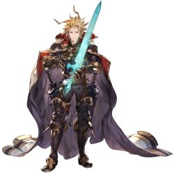 Rule 34 | 1boy, ahoge, armor, belt, black pants, blonde hair, blue eyes, cape, full body, granblue fantasy, greaves, looking at viewer, male focus, minaba hideo, official art, pants, puddle, sheath, sheathed, seofon (granblue fantasy), solo, standing, star (sky), sword, transparent background, weapon