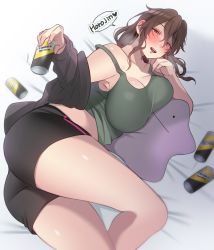 Rule 34 | 1girl, alcohol, ass, beer, beer can, bike shorts, blush, breasts, brown hair, can, commentary request, creatures (company), ditto, drink can, drunk, eryu kamemura, game freak, gen 1 pokemon, green tank top, hair between eyes, highres, imasaka hakuno, indie virtual youtuber, large breasts, messy hair, nintendo, pokemon, pokemon (creature), red eyes, solo, tank top, thighs, virtual youtuber