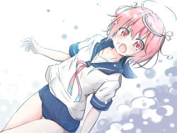 Rule 34 | 10s, 1girl, ahoge, air bubble, bubble, gradient background, hair ornament, i-58 (kancolle), kantai collection, looking at viewer, mokichi812, one-piece swimsuit, open mouth, pink hair, red eyes, school swimsuit, school uniform, serafuku, short hair, solo, swimsuit, swimsuit under clothes, underwater