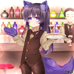 Rule 34 | 1boy, 1girl, animal ears, animal hands, bar (place), black hair, blush, brown pants, brown shirt, brown vest, character request, closed eyes, closed mouth, collared shirt, copyright name, cup, dairoku ryouhei, dress shirt, drinking glass, hands up, holding, holding tray, long hair, long sleeves, looking at viewer, pants, ponytail, purple eyes, shirt, smile, solo focus, stool, tail, tray, very long hair, vest