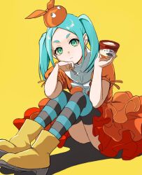 1girl :| aqua_hair aqua_thighhighs boots closed_mouth commentary dress elbow_rest expressionless eyelashes food frilled_dress frills full_body googly_eyes green_eyes grey_thighhighs haagen-dazs hand_on_own_chin hat head_rest head_tilt highres hikimayu holding holding_food holding_ice_cream holding_stick ice_cream jyww5335 knees_up long_hair looking_at_viewer monogatari_(series) multicolored_clothes multicolored_dress on_ground ononoki_yotsugi orange_dress orange_hat parted_bangs puffy_short_sleeves puffy_sleeves rubber_boots shadow short_eyebrows short_sleeves simple_background sitting solo sparkle stick striped_clothes striped_thighhighs thick_eyebrows thighhighs twintails two-tone_thighhighs white_dress yellow_background yellow_footwear