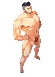 Rule 34 | 1boy, abs, bara, beard, blue hair, cigar, completely nude, dark blue hair, facial hair, flaccid, foreskin, from above, full body, highres, large pectorals, male focus, multicolored hair, muscular, muscular male, nipples, nude, original, pectorals, rathalosx4, scar, scar across eye, seductive smile, short hair, smile, smirk, solo, standing, stomach, streaked hair, thighs