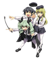 Rule 34 | 10s, 3girls, anchovy (girls und panzer), anzio school uniform, belt, beret, black cape, black footwear, black hair, black hat, black necktie, black ribbon, black skirt, blonde hair, braid, cape, carpaccio (girls und panzer), dress shirt, drill hair, emblem, full body, girls und panzer, green eyes, green hair, hair ribbon, hat, holding, holding riding crop, ifuji shinsen, leaning forward, loafers, long hair, long sleeves, looking at another, looking at viewer, miniskirt, multiple girls, necktie, open mouth, pantyhose, parted lips, pepperoni (girls und panzer), pleated skirt, red eyes, ribbon, riding crop, school uniform, shirt, shoes, short hair, side braid, simple background, skirt, smile, standing, twin drills, twintails, white background, white legwear, white shirt