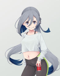 Rule 34 | 1girl, black pants, blue eyes, blue hair, blush, can, grey background, grey hair, grin, hair between eyes, highres, holding, holding can, kantai collection, kiyoshimo (kancolle), long hair, long sleeves, looking at viewer, multicolored hair, navel, neko no hige, pants, shirt, simple background, smile, solo, white shirt