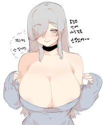 Rule 34 | 1girl, bare shoulders, breasts, choker, cleavage, gimmogu, highres, large breasts, original, pale skin, smile, sweater, white eyes, white hair, white sweater