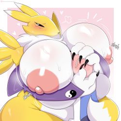 Rule 34 | 1boy, 1girl, ?, absurdres, belly, black sclera, blue eyes, blue shirt, blush, breast smother, breasts, colored sclera, curvy, digimon, digimon (creature), digimon tamers, face to breasts, furry, gigantic breasts, heart, highres, hug, jinu (jinusenpai), large areolae, motion lines, nipples, nude, plump, renamon, shirt, short sleeves, size difference, stomach, sweat, tail, thick thighs, thighs, wide hips