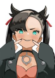 Rule 34 | 1girl, aqua eyes, asymmetrical bangs, black coat, black hair, black nails, breasts, choker, cleavage, coat, creatures (company), fingersmile, flasso, forced smile, game freak, hair ribbon, highres, long sleeves, looking at viewer, marnie (pokemon), medium hair, nail polish, nintendo, pokemon, pokemon swsh, ribbon, shirt, simple background, small breasts, solo, twintails, upper body, white background