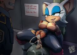 Rule 34 | aftersex, aku tojyo, anus, breasts, breasts out, cum, cum in ass, cum in pussy, furry, highres, large breasts, pussy, restrained, rouge the bat, sonic (series), uncensored