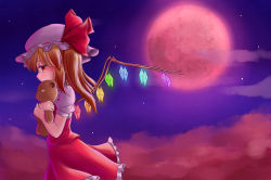 Rule 34 | 1girl, absurdres, blonde hair, cloud, covering own mouth, dior-zi, flandre scarlet, fog, full moon, hat, highres, hugging object, mob cap, moon, night, outdoors, profile, red eyes, red moon, short hair, short sleeves, side ponytail, skirt, skirt set, sky, solo, star (sky), starry sky, stuffed animal, stuffed toy, teddy bear, touhou, wings