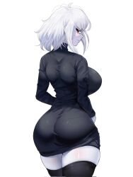 1girl ahoge ass back black_shirt black_thighhighs breasts colored_skin highres huge_breasts la_albina_(tidal) large_breasts long_shirt looking_at_viewer medium_hair original red_eyes shirt sideboob solo standing thighhighs thighs tidal_(tidaltides) white_background white_hair white_skin