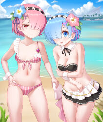 Rule 34 | 2girls, absurdres, ascot, asymmetrical bikini, beach, bikini, bikini skirt, black bikini, blue eyes, blue flower, blue hair, blue sky, breasts, cleavage, cloud, cloudy sky, cowboy shot, detached collar, flower, front-tie bikini top, front-tie top, gem, gplnbeat, hair flower, hair ornament, hair over one eye, hair ribbon, hair slicked back, hand on own hip, headband, highres, holding own arm, horizon, layered bikini, maid, medium breasts, multiple girls, navel, ocean, open mouth, pink bikini, pink flower, pink hair, princess connect!, purple gemstone, purple ribbon, ram (re:zero), re:zero kara hajimeru isekai seikatsu, red eyes, rem (re:zero), ribbon, short hair, siblings, sky, small breasts, strapless, strapless bikini, striped bikini, striped clothes, swimsuit, twins, vertical-striped bikini, vertical-striped clothes, white ascot, white wrist cuffs, wrist cuffs, x hair ornament