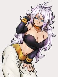 Rule 34 | 1girl, android 21, bare shoulders, black nails, black tube top, blue eyes, bracelet, breasts, cleavage, detached sleeves, dragon ball, dragon ball fighterz, earrings, harem pants, hoop earrings, jewelry, kemachiku, large breasts, light persona, long hair, looking at viewer, majin android 21, nail polish, pants, solo, stomach, strapless, tube top, tube top, white hair, white pants