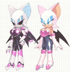 Rule 34 | 1girl, animal nose, bat girl, blue eyes, blue eyeshadow, boots, breasts, cleavage, closed mouth, elbow gloves, eyeshadow, furry, furry female, gloves, grid background, high heels, highres, inkerton-kun, large breasts, makeup, robot, rouge the bat, smile, sonic (series), thigh boots, white footwear, white gloves
