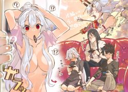 Rule 34 | !, !?, 1girl, 2boys, ?, adjusting hair, armpits, arrow (projectile), black eyes, black hair, black shirt, blush, breasts, collarbone, comic, commentary request, controller, couch, embarrassed, closed eyes, fate/grand order, fate (series), fujimaru ritsuka (male), full-face blush, game controller, hair censor, hair over breasts, headband, highres, holding, holding controller, holding sword, holding weapon, horns, katana, large breasts, long hair, lord el-melloi ii, mitsurugi sugar, mouth hold, multiple boys, on floor, oni horns, playing games, red eyes, red horns, seiza, shirt, shouting, silver hair, sitting, spoken exclamation mark, spoken question mark, sword, tomoe gozen (fate), towel, towel around neck, twitter username, very long hair, walk-in, waver velvet, weapon