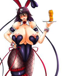 Rule 34 | 1girl, action taimanin, armband, bare shoulders, black legwear, blush, breasts, champagne flute, collarbone, condom, condom packet strip, condom wrapper, cup, curvy, detached collar, drinking glass, female focus, flower, frills, hair ornament, hand on own hip, hand up, highleg, highleg leotard, highres, holding, holding tray, huge breasts, koneruhaiko, leotard, mizuki shiranui, nipple slip, nipples, official alternate costume, open mouth, red ribbon, ribbon, rose, solo, taimanin (series), taimanin yukikaze, thick thighs, thigh gap, thighs, tray, white background, wide hips