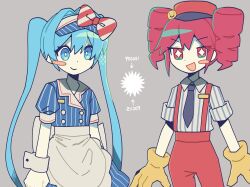 Rule 34 | 2girls, apron, aqua eyes, aqua hair, arrow (symbol), black necktie, blue dress, blue hat, bright pupils, closed mouth, collared shirt, commentary, dot nose, dress, drill hair, english commentary, english text, gloves, grey background, hair between eyes, hair intakes, hat, hatsune miku, highres, kasane teto, kokum0tsu, long hair, looking at another, looking at viewer, medium hair, mesmerizer (vocaloid), multiple girls, necktie, open mouth, pale skin, pants, pinstripe hat, pinstripe pattern, puffy short sleeves, puffy sleeves, red eyes, red hat, red pants, red suspenders, shirt, short sleeves, sidelocks, simple background, single blush sticker, smile, striped clothes, striped dress, striped headwear, striped shirt, symbol-shaped pupils, synthesizer v, twin drills, twintails, utau, vertical-striped clothes, vertical-striped dress, vertical-striped headwear, vertical-striped shirt, very long hair, visor cap, vocaloid, white pupils, white shirt, white wrist cuffs, wrist cuffs, yellow gloves