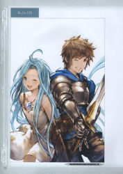 Rule 34 | 10s, 1boy, 1girl, absurdres, armor, arms behind back, blue eyes, blue hair, brown eyes, brown hair, dress, gauntlets, gran (granblue fantasy), granblue fantasy, highres, holding, holding weapon, long hair, looking at viewer, lyria (granblue fantasy), minaba hideo, non-web source, official art, one eye closed, open mouth, pants, scan, short dress, short hair, simple background, sword, weapon, white dress