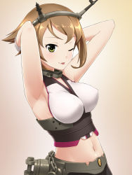 Rule 34 | 10s, 1girl, ;p, antennae, armpits, arms up, bare shoulders, beige background, belt, breasts, brown hair, chain, covered erect nipples, gloves, gradient background, hairband, headgear, highres, kantai collection, looking at viewer, midriff, mikakeha, mutsu (kancolle), navel, one eye closed, short hair, simple background, solo, tongue, tongue out, tsurime, upper body