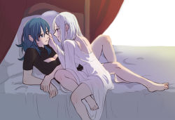 Rule 34 | 2girls, back, barefoot, bed, bed sheet, black shirt, blue eyes, blue hair, blush, breasts, byleth (female) (fire emblem), byleth (fire emblem), cleavage, cleavage cutout, clothing cutout, collar, commentary request, couple, crossed legs, dress, edelgard von hresvelg, eye contact, face-to-face, fire emblem, fire emblem: three houses, from side, full body, hair between eyes, hand on another&#039;s cheek, hand on another&#039;s face, indoors, long hair, looking at another, multiple girls, nintendo, parted lips, purple eyes, riromomo, shirt, short sleeves, sidelocks, simple background, sitting, smile, white background, white dress, white hair, yuri