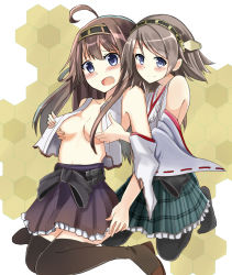 Rule 34 | 10s, 2girls, ahoge, bare shoulders, black legwear, blue eyes, blush, boots, grabbing another&#039;s breast, breast hold, breasts, brown hair, detached sleeves, fang, frilled skirt, frills, grabbing, hairband, headgear, hiei (kancolle), kantai collection, kongou (kancolle), long hair, multiple girls, nontraditional miko, okutomi fumi, open mouth, plaid, plaid skirt, ribbon-trimmed sleeves, ribbon trim, short hair, skirt, thigh boots, thighhighs, zettai ryouiki
