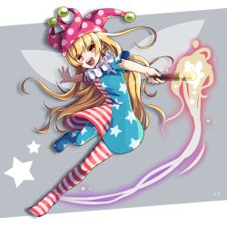 Rule 34 | 1girl, american flag dress, american flag legwear, bad id, bad pixiv id, blonde hair, clownpiece, collar, dress, fairy, fairy wings, fire, frilled collar, frilled shirt collar, frills, full body, hat, highres, jester cap, kozakura (dictionary), long hair, looking at viewer, neck ruff, open mouth, outstretched arms, pantyhose, pink eyes, polka dot, short sleeves, simple background, solo, star-shaped pupils, star (symbol), striped clothes, striped pantyhose, symbol-shaped pupils, teeth, torch, touhou, very long hair, wings