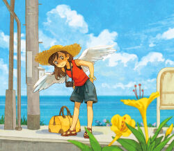 Rule 34 | 1girl, bag, blue shorts, blue sky, bracelet, brown eyes, brown hair, camera, camera around neck, closed mouth, cloud, day, duffel bag, feathered wings, flower, hat, jewelry, medium hair, monaka (siromona), orange shirt, original, outdoors, sandals, shirt, shorts, sky, smile, solo, straw hat, tank top, wings