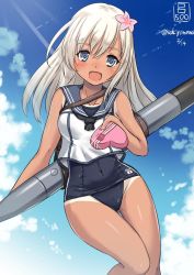 Rule 34 | 10s, 1girl, :d, bare legs, bare shoulders, blonde hair, blue eyes, blue sky, box, crop top, day, female focus, flower, gift, hair flower, hair ornament, heart-shaped box, kantai collection, long hair, neckerchief, open mouth, ro-500 (kancolle), sailor collar, sakiyamama, school swimsuit, sky, smile, solo, swimsuit, swimsuit under clothes, tan, tanline, torpedo, twitter username, valentine, wide hips