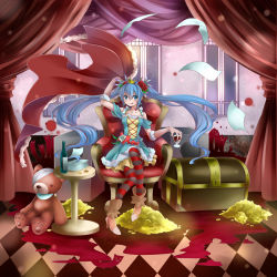 Rule 34 | 1girl, :q, aqua eyes, bandage over one eye, blue hair, chair, crown, curtains, elbow gloves, floating hair, gloves, gold, hatsune miku, highres, kanna (chaos966), long hair, mini crown, pantyhose, paper, sitting, smile, solo, striped clothes, striped pantyhose, stuffed animal, stuffed toy, teddy bear, tongue, tongue out, treasure chest, twintails, very long hair, vocaloid, window