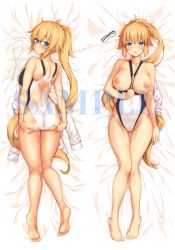 Rule 34 | 1girl, :o, ass, ass grab, b-ginga, backless swimsuit, barefoot, blonde hair, blue eyes, blush, breasts, breasts out, collarbone, commentary request, competition swimsuit, dakimakura (medium), fate/grand order, fate (series), glasses, highres, jacket, jeanne d&#039;arc (fate), jeanne d&#039;arc (ruler) (fate), jeanne d&#039;arc (swimsuit archer) (fate), jeanne d&#039;arc (swimsuit archer) (second ascension) (fate), large breasts, long hair, looking at viewer, looking back, lying, multiple views, nipples, on back, on stomach, one-piece swimsuit, ponytail, sample watermark, swimsuit, unworn eyewear, unworn jacket, very long hair, watermark, whistle, white one-piece swimsuit