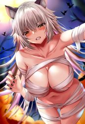 Rule 34 | 1girl, absurdres, animal ears, bandages, bare shoulders, breasts, cat ears, cat tail, cleavage, clenched teeth, fate/grand order, fate (series), halloween, highres, jeanne d&#039;arc (fate), jeanne d&#039;arc alter (avenger) (fate), jeanne d&#039;arc alter (fate), kuro (tbm9187), large breasts, long hair, looking at viewer, naked bandage, silver hair, solo, tail, teeth, very long hair, yellow eyes