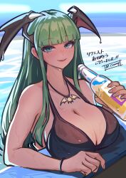 Rule 34 | 1girl, absurdres, ap cammy, bat necklace, blunt bangs, bottle, breasts, cleavage, green eyes, green hair, head wings, highres, hime cut, holding, holding bottle, jewelry, large breasts, looking at viewer, morrigan aensland, necklace, pool, smile, solo, upper body, vampire (game), wings