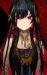 Rule 34 | 1girl, bangosu, bare arms, bare shoulders, black background, black hair, black shirt, collarbone, colored inner hair, commentary request, hair between eyes, hair ornament, high collar, highres, long hair, looking at viewer, multicolored hair, nijisanji, nijisanji in, noor (nijisanji), parted lips, red background, red eyes, red hair, shirt, sleeveless, sleeveless shirt, solo, two-tone background, two-tone hair, upper body, v-shaped eyebrows, very long hair, virtual youtuber