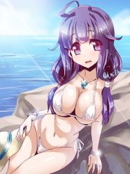 Rule 34 | 10s, 1girl, bikini, blush, breasts, cleavage, female focus, hat, kantai collection, large breasts, long hair, looking at viewer, low twintails, miuku (marine sapphire), navel, open mouth, purple eyes, purple hair, red eyes, rock, sitting, smile, solo, swimsuit, taigei (kancolle), twintails