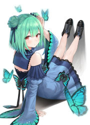 Rule 34 | 1girl, arm support, arm up, bad id, bad twitter id, bare legs, bare shoulders, black footwear, blue dress, bug, butterfly, detached collar, detached sleeves, double bun, dress, from behind, fuwawa (fuwawa617), green hair, hair bun, hair ribbon, highres, hololive, insect, juliet sleeves, legs up, long sleeves, looking at viewer, looking back, puffy sleeves, red eyes, ribbon, shadow, shoes, short hair, simple background, sitting, solo, uruha rushia, uruha rushia (1st costume), virtual youtuber, white background, wide sleeves