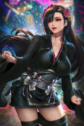 Rule 34 | 1girl, black hair, black kimono, blurry, blurry background, bow, dress bow, final fantasy, final fantasy vii, final fantasy vii remake, fireworks, flower, hair flower, hair ornament, japanese clothes, kimono, layered clothes, layered kimono, long hair, makeup, nail polish, neoartcore, official alternate costume, pink nails, realistic, skindentation, smile, solo, square enix, teeth, thighhighs, tifa lockhart, tifa lockhart (exotic dress), upper teeth only, wall market, wide sleeves