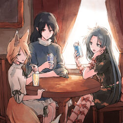 Rule 34 | 3girls, animal ears, bad link, black hair, black shirt, black skirt, blonde hair, blue dress, bow, brown tail, chair, closed mouth, collared shirt, crossed legs, cup, curtains, day, dress, drink, drinking glass, drinking straw, expressionless, feet out of frame, fox ears, fox girl, fox tail, grey eyes, grey hair, grey ribbon, hair between eyes, hand on own cheek, hand on own face, head rest, himemushi momoyo, hisona (suaritesumi), holding, holding cup, iizunamaru megumu, indoors, kudamaki tsukasa, long bangs, long hair, looking at another, looking at object, multiple girls, on chair, open mouth, orange bow, orange eyes, pointy ears, ribbon-trimmed sleeves, ribbon trim, romper, shirt, short hair, short sleeves, sitting, skirt, skirt set, sleeves past elbows, table, tail, touhou, turtleneck, turtleneck dress, white romper, window, wooden chair, wooden table, yellow eyes, yellow tail
