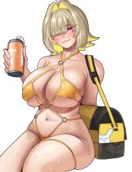 Rule 34 | 1girl, :3, absurdres, arapanchi, arm behind back, bag, bikini, blonde hair, blush, breasts, can, collarbone, colored inner hair, elegg (nikke), eyepatch bikini, goddess of victory: nikke, hair intakes, hair over eyes, highres, holding, holding can, large breasts, lips, long bangs, looking at viewer, multicolored hair, navel, o-ring, o-ring bikini, short hair, shoulder bag, simple background, sitting, skindentation, smile, solo, sweat, swimsuit, thigh strap, upright ahoge, white background, yellow bikini
