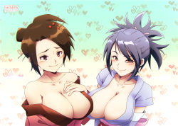 Rule 34 | 2girls, bare shoulders, black hair, blush, breasts, brown eyes, brown hair, cleavage, closed mouth, collarbone, crossover, fujibayashi sheena, fuu (samurai champloo), gradient background, grey background, hair ornament, heart, heart background, highres, japanese clothes, large breasts, ledy, looking at viewer, matching hair/eyes, multiple girls, off shoulder, ponytail, samurai champloo, short hair, short sleeves, smile, smug, tales of (series), tales of symphonia, upper body, white background