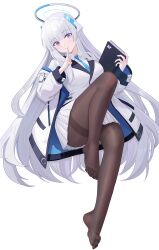 Rule 34 | 1girl, absurdres, ass, black pantyhose, blue archive, blue necktie, blush, closed mouth, collared shirt, formal, full body, grey hair, halo, highres, jacket, long hair, long sleeves, looking at viewer, mechanical halo, necktie, noa (blue archive), open clothes, open jacket, pantyhose, pleated skirt, purple eyes, revision, shirt, simple background, skirt, smile, solo, suit, toes, two-sided fabric, two-sided jacket, white background, white jacket, white shirt, white skirt, xiongji z z