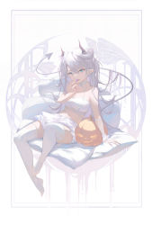 Rule 34 | 1girl, absurdres, aqua eyes, breasts, candy, choker, cleavage, commentary, crop top, fang, food, hair between eyes, highres, holding, horns, jack-o&#039;-lantern, lollipop, long hair, looking at viewer, medium breasts, midori xu, nail polish, original, pillow, pink nails, pointy ears, simple background, sitting, skirt, solo, symbol-only commentary, tail, thighhighs, very long hair, white choker, white hair, white skirt, white thighhighs