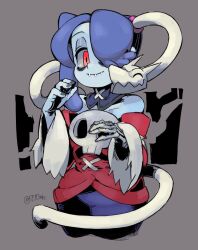 Rule 34 | 1girl, 770mk, bare shoulders, blue hair, blue skin, colored skin, commentary, detached collar, dress, english commentary, hair over one eye, leviathan (skullgirls), red eyes, skeletal arm, skull, skullgirls, smile, snake, squigly (skullgirls), stitched mouth, stitches, strapless, strapless dress, striped sleeves, twitter username, zombie
