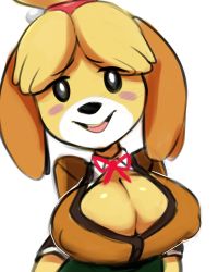 Rule 34 | 1girl, absurdres, animal crossing, animal ears, black eyes, blonde hair, blush, blush stickers, breasts, brown jacket, buck teeth, cleavage, covered erect nipples, dog ears, female focus, furry, furry female, hair tie, happy, highres, huge breasts, isabelle (animal crossing), jacket, long sleeves, looking at viewer, neck ribbon, nintendo, nose blush, open mouth, red ribbon, ribbon, shirt, short hair, simple background, smile, solo, teeth, thehumancopier, topknot, upper body, white background, white shirt