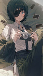 Rule 34 | 1girl, 2gong (9ujin ), absurdres, black hair, black jacket, black pants, blue eyes, camera, chainsaw man, collared shirt, eyepatch, highres, himeno (chainsaw man), holding, holding camera, jacket, long sleeves, looking at viewer, lying, necktie, off shoulder, on back, open clothes, open jacket, pants, photo (object), reclining, shirt, short hair, smile, solo, white shirt
